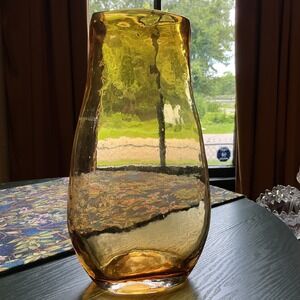 Vintage Amber Hand Blown Glass Vase 10.5"  Honey Gold MCM